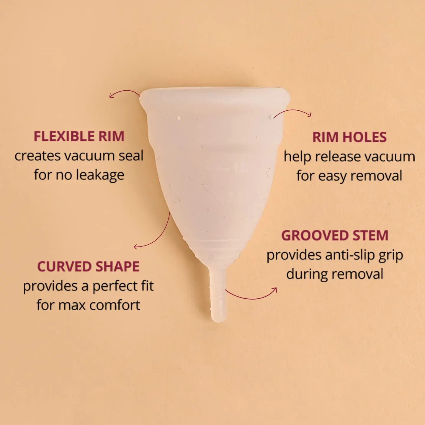 The Carmesi menstrual cup made of medical-grade silicone offers leak-free protection for up to 10 hours, providing a rash-free, odor-free, economical, and sustainable period care solution.
