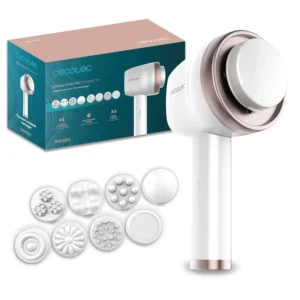 Cecotec SkinCare Push Up cellulite massager with eight interchangeable heads for targeted body treatments, five massage modes, six intensity levels, and ergonomic gun design.