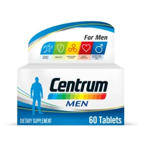 Bottle of Centrum Men multivitamin tablets containing essential vitamins and minerals to support men's health, muscle function, and energy levels.