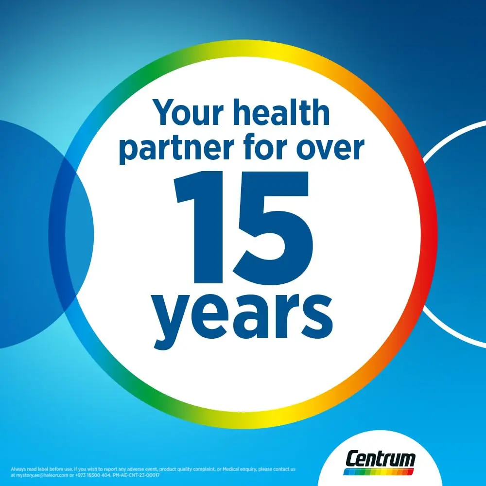 Bottle of Centrum Men multivitamin tablets containing essential vitamins and minerals to support men's health, muscle function, and energy levels.