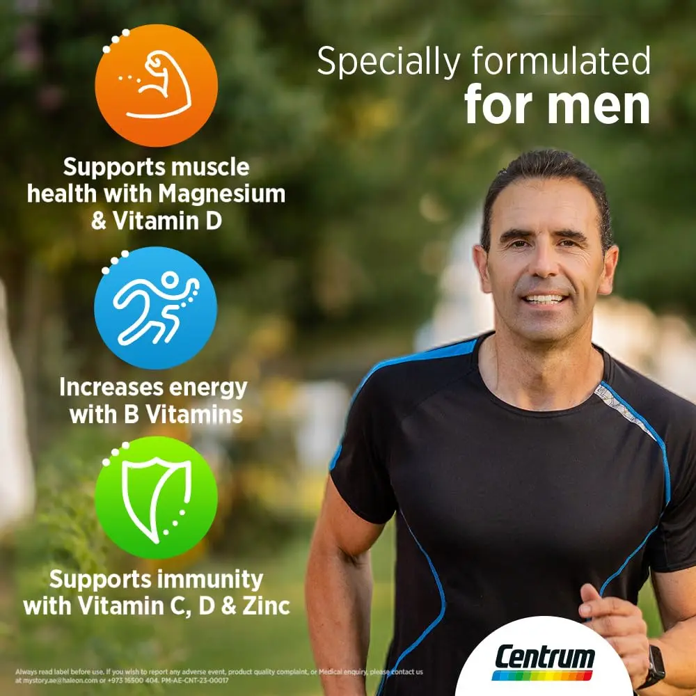 Bottle of Centrum Men multivitamin tablets containing essential vitamins and minerals to support men's health, muscle function, and energy levels.