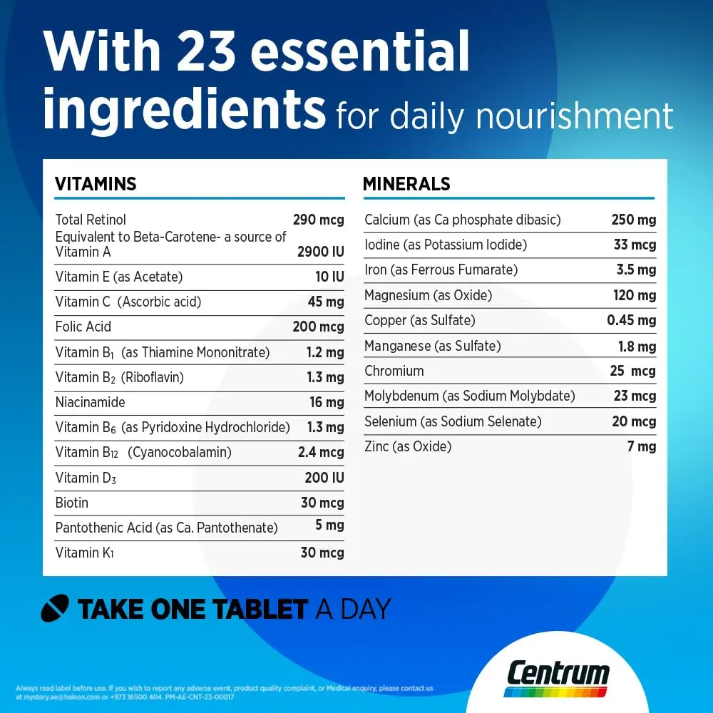 Bottle of Centrum Men multivitamin tablets containing essential vitamins and minerals to support men's health, muscle function, and energy levels.