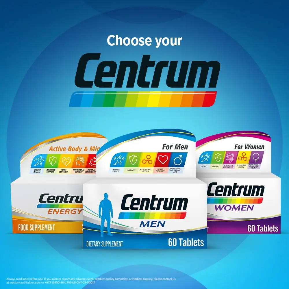 Bottle of Centrum Men multivitamin tablets containing essential vitamins and minerals to support men's health, muscle function, and energy levels.
