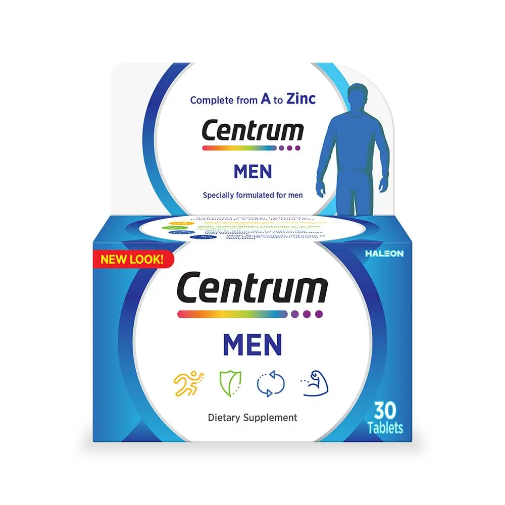 Bottle of Centrum Men multivitamin tablets containing essential vitamins and minerals to support men's health, muscle function, and energy levels.