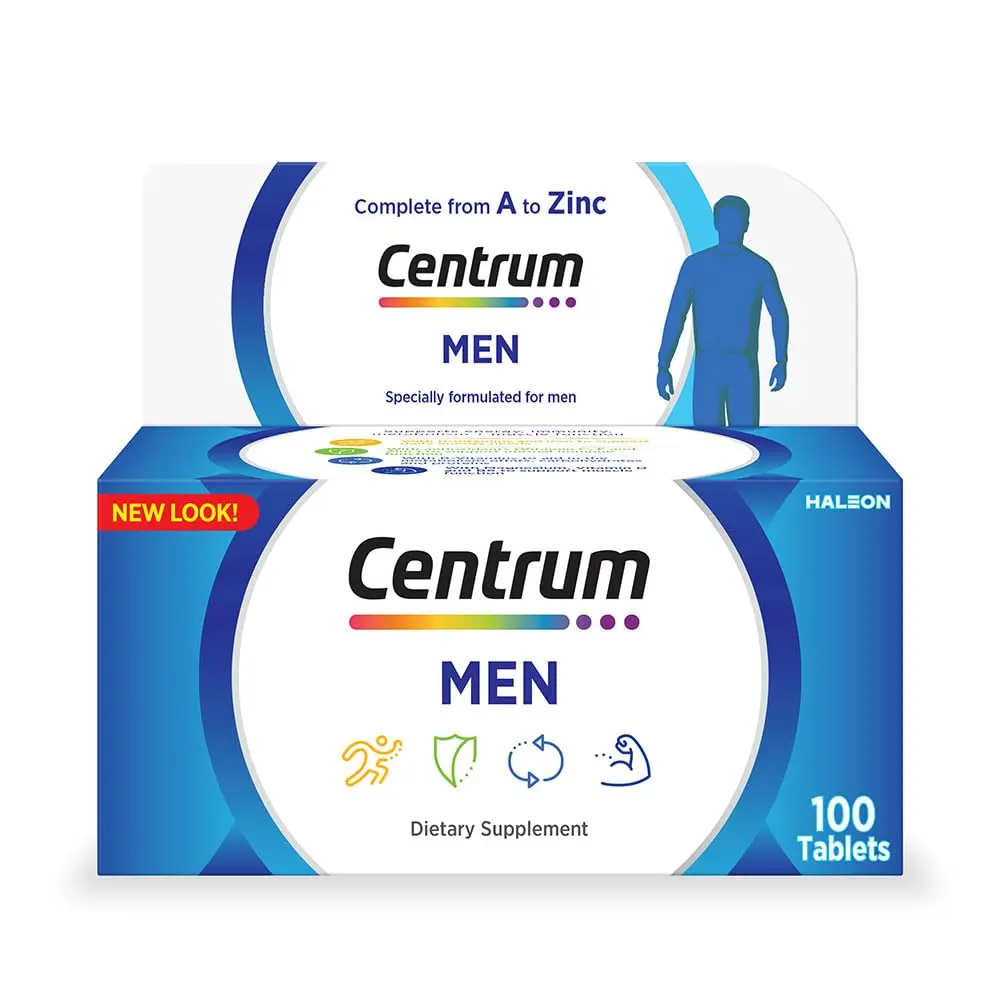 Bottle of Centrum Men multivitamin tablets containing essential vitamins and minerals to support men's health, muscle function, and energy levels.