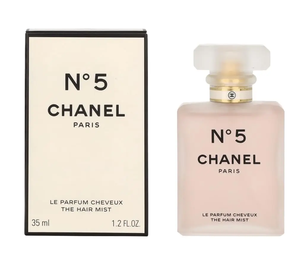 A 35ml bottle of Chanel No. 5 hair mist with lemon top notes, a rose middle note, and a musk base note.