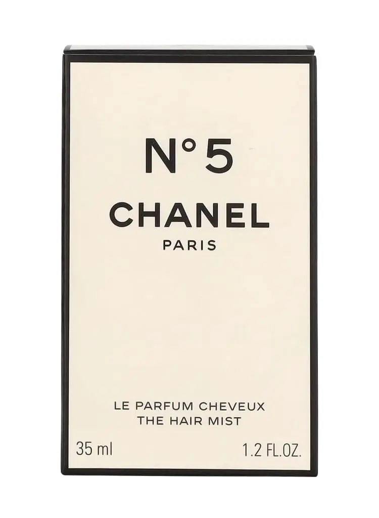 A 35ml bottle of Chanel No. 5 hair mist with lemon top notes, a rose middle note, and a musk base note.