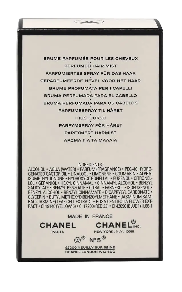 A 35ml bottle of Chanel No. 5 hair mist with lemon top notes, a rose middle note, and a musk base note.