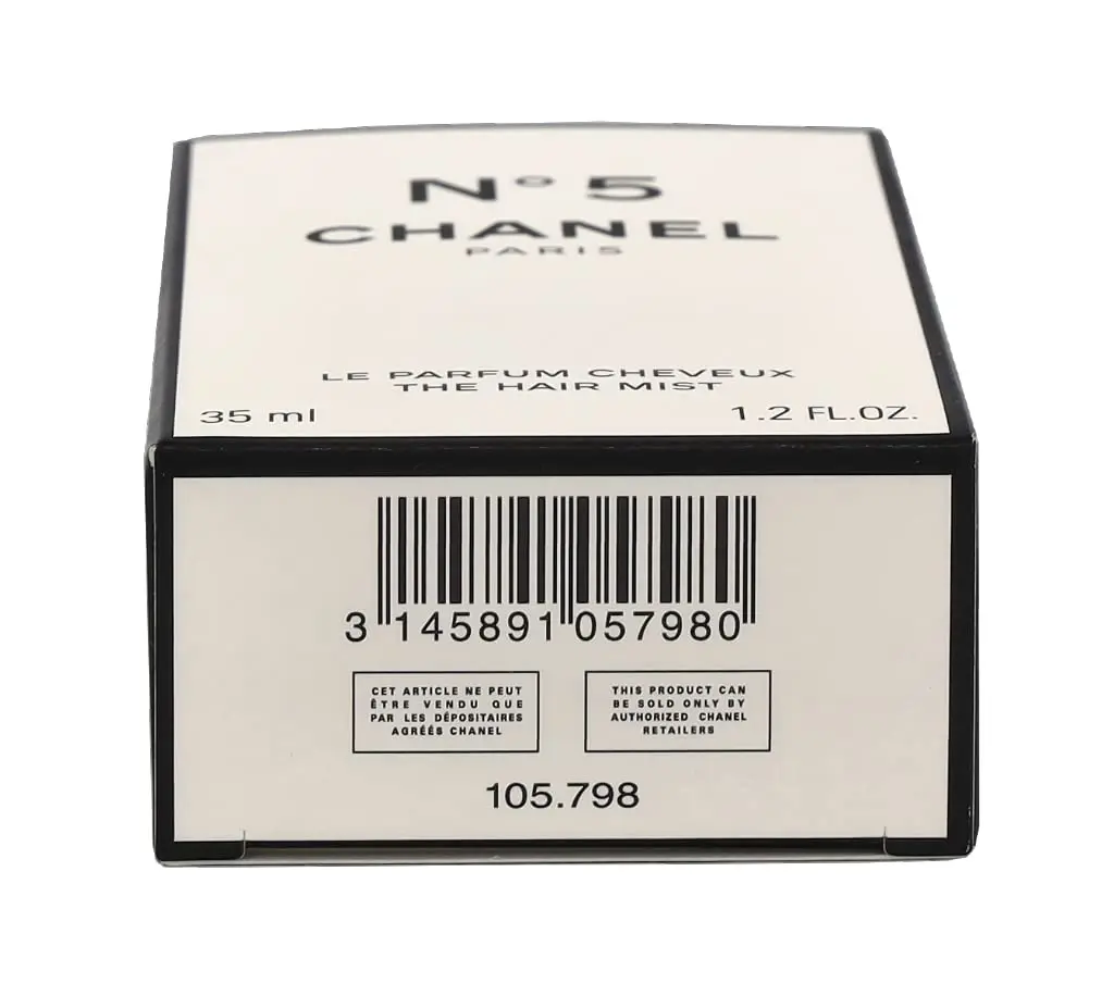 A 35ml bottle of Chanel No. 5 hair mist with lemon top notes, a rose middle note, and a musk base note.