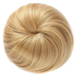 Blonde and brown chignon bun hairpiece extension made from heat-resistant synthetic fiber.