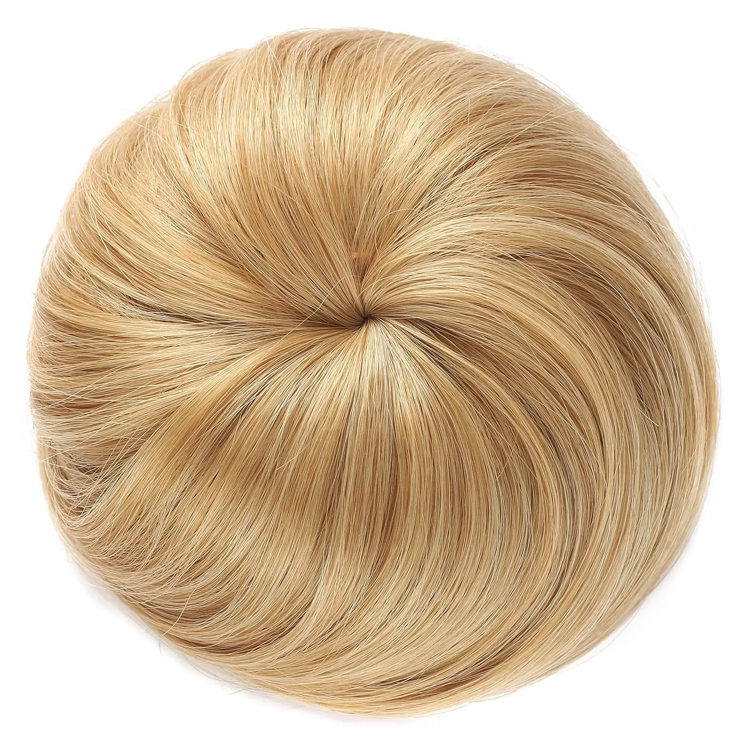 Blonde and brown chignon bun hairpiece extension made from heat-resistant synthetic fiber.