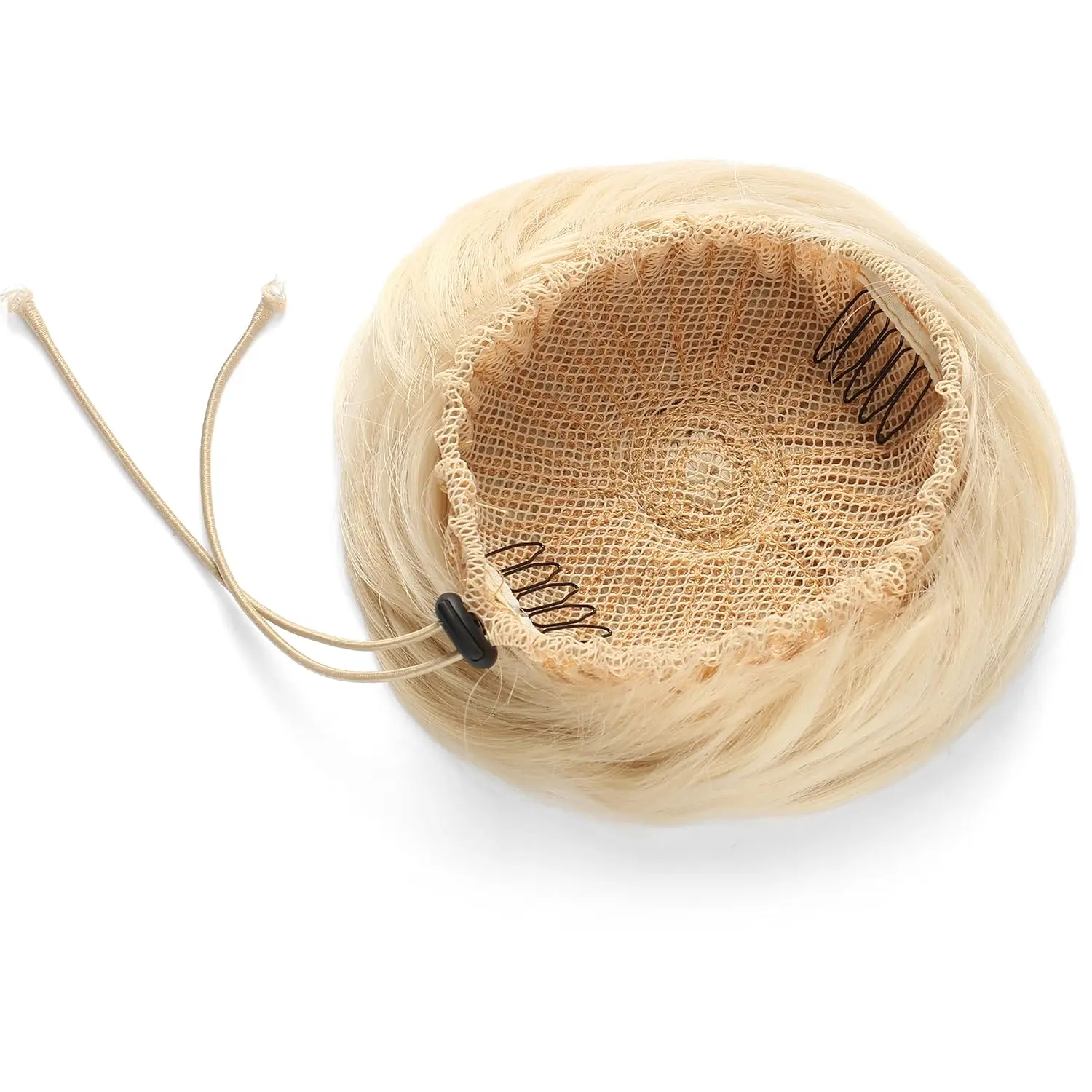 Blonde and brown chignon bun hairpiece extension made from heat-resistant synthetic fiber.