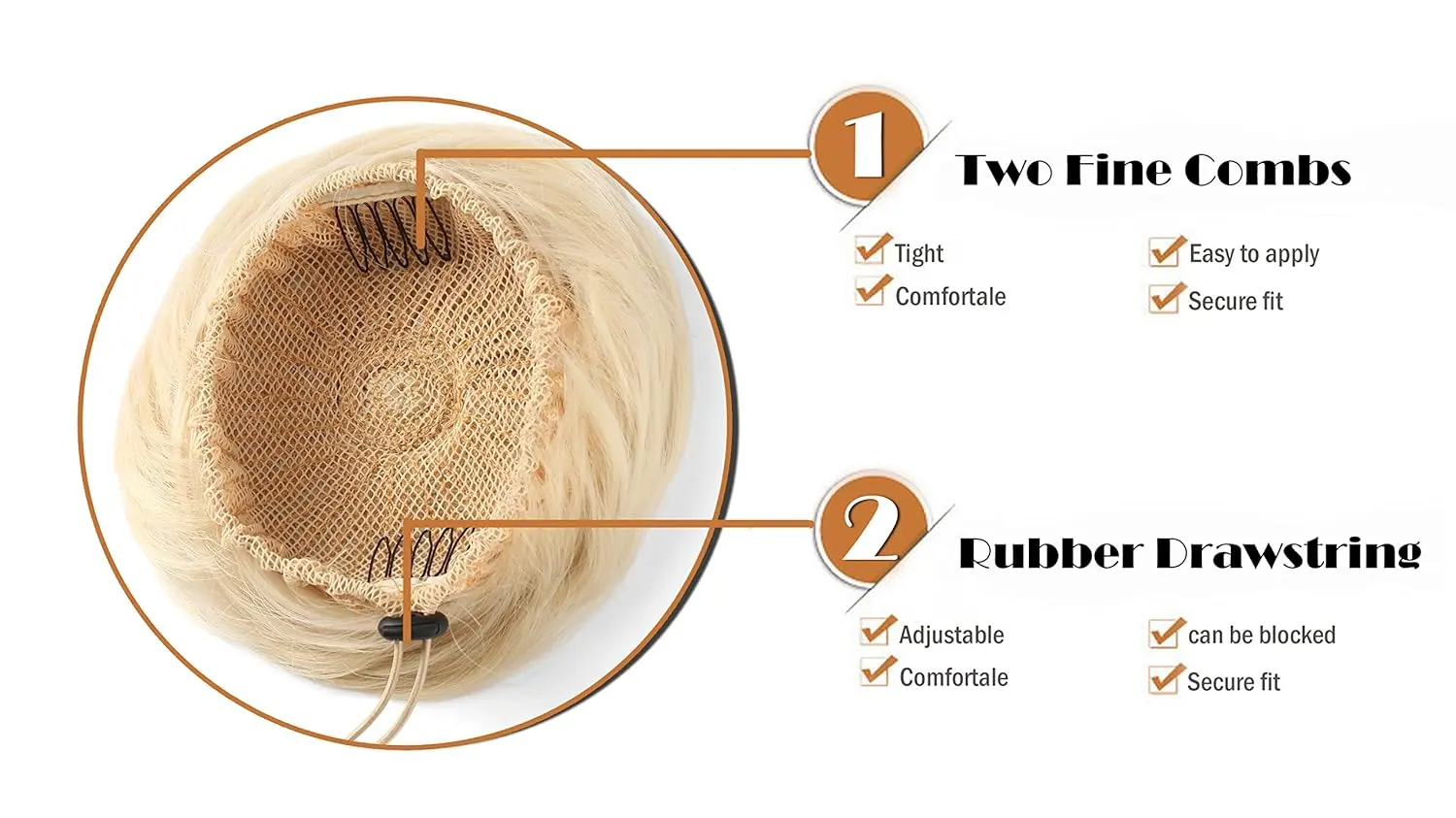 Blonde and brown chignon bun hairpiece extension made from heat-resistant synthetic fiber.