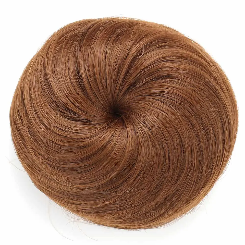 Blonde and brown chignon bun hairpiece extension made from heat-resistant synthetic fiber.
