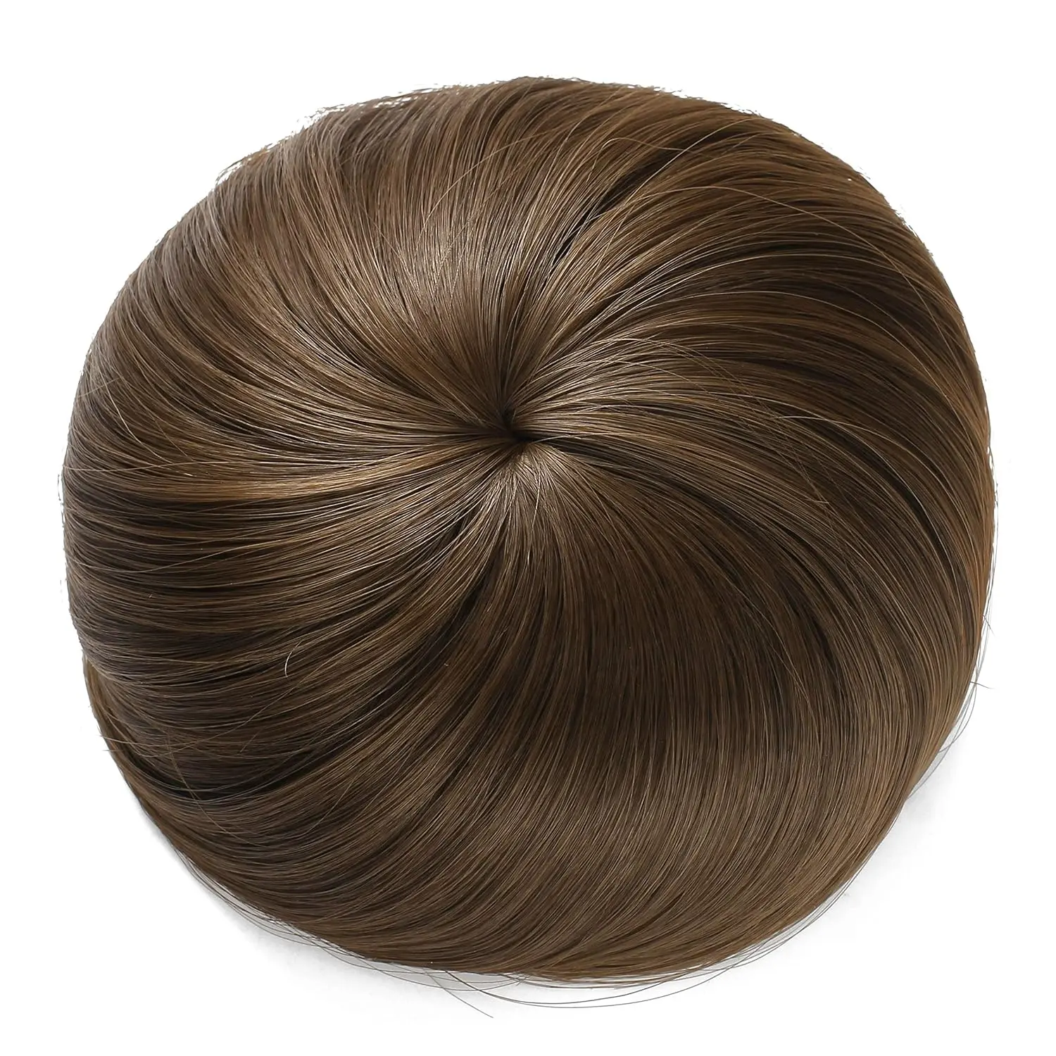 Blonde and brown chignon bun hairpiece extension made from heat-resistant synthetic fiber.