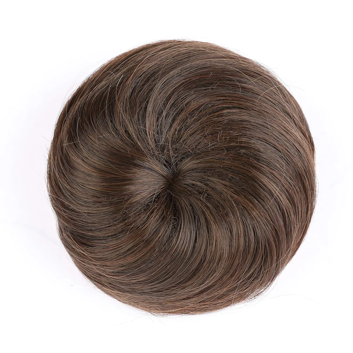 Blonde and brown chignon bun hairpiece extension made from heat-resistant synthetic fiber.