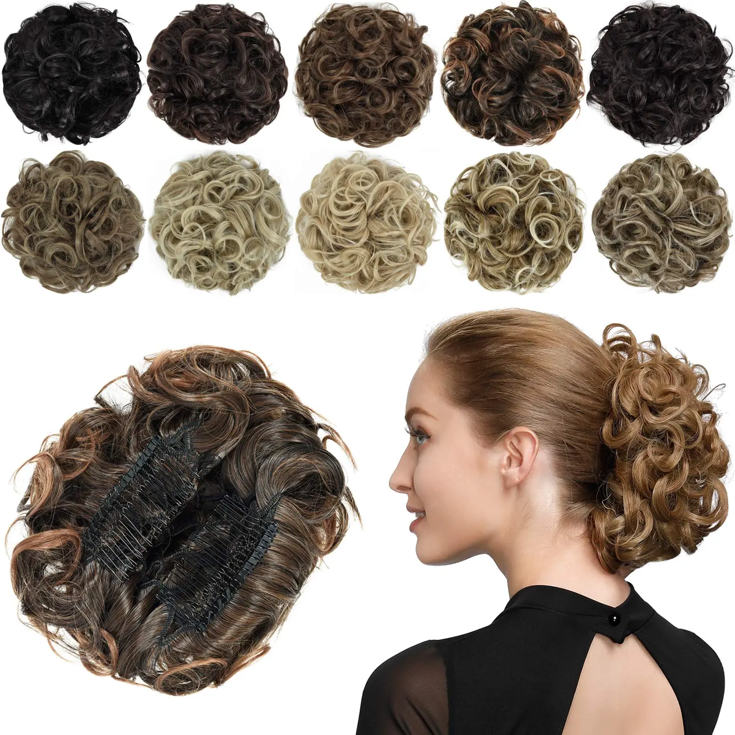 Dark brown to light auburn chignon hairpiece adds volume and elegance to an updo, featuring dual combs for secure and adjustable placement.