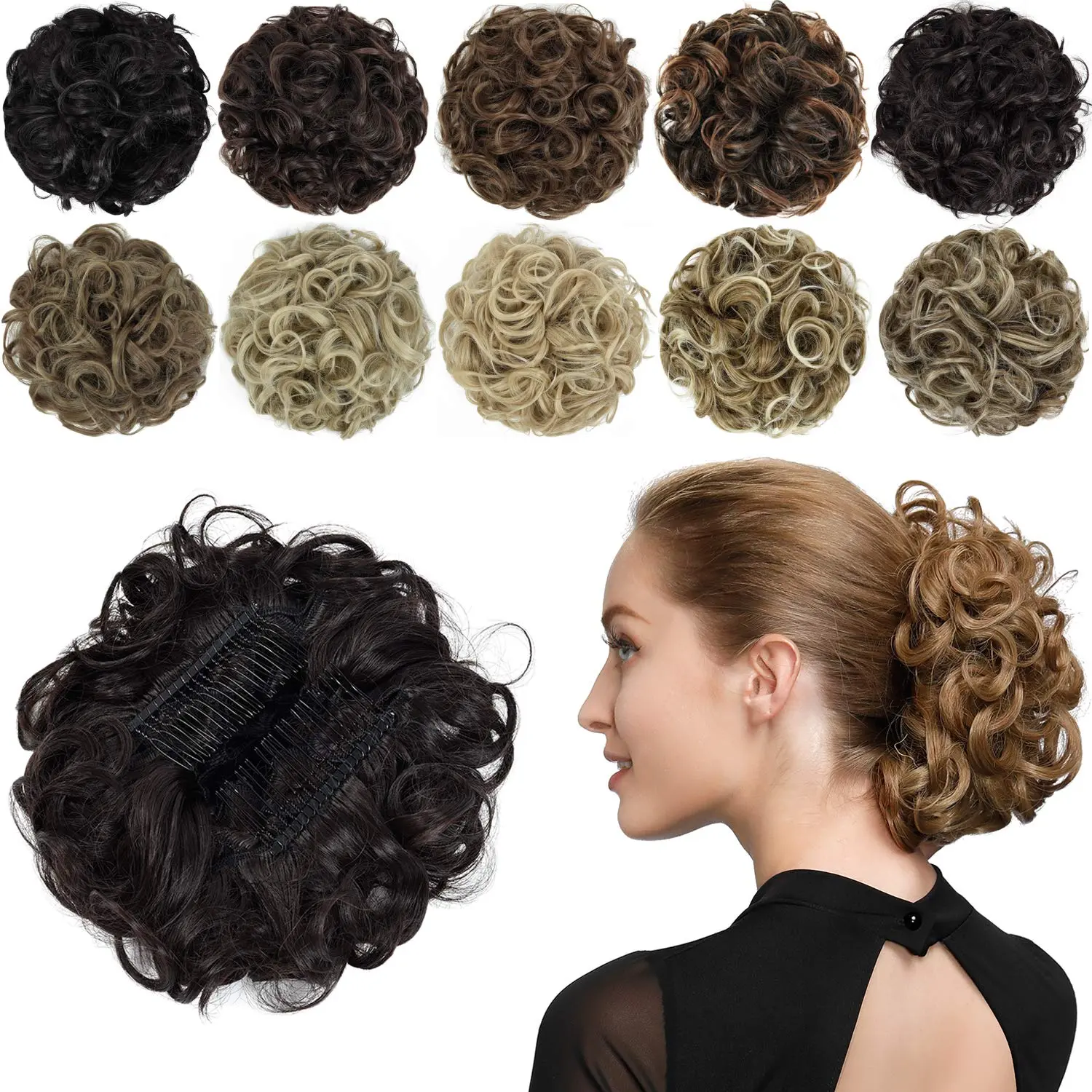 This dark brown chignon hairpiece adds an elegant updo with its curly bun extension, secured with combs for a natural, stable fit.