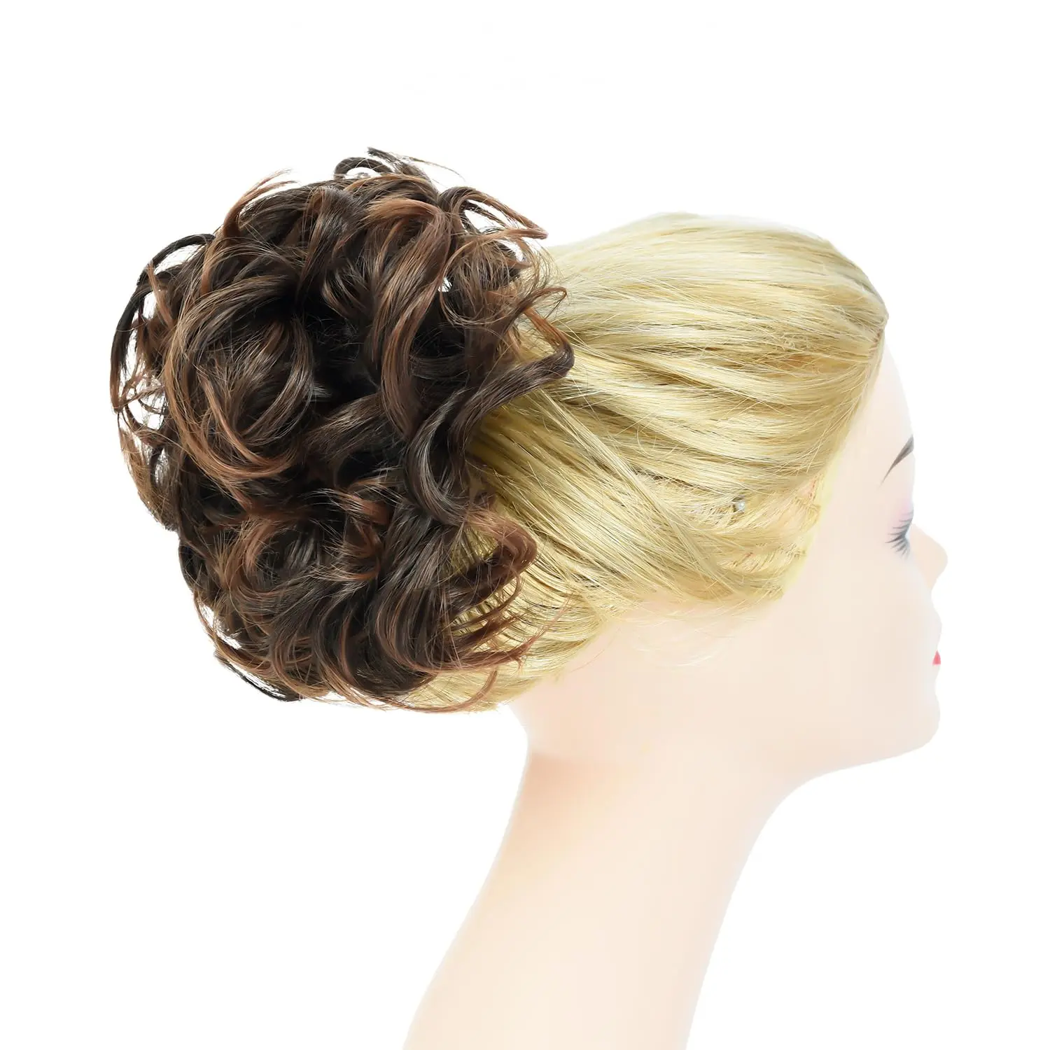 Dark brown to light auburn chignon hairpiece adds volume and elegance to an updo, featuring dual combs for secure and adjustable placement.