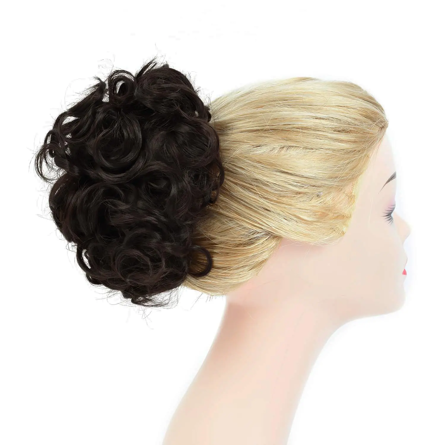 This dark brown chignon hairpiece adds an elegant updo with its curly bun extension, secured with combs for a natural, stable fit.
