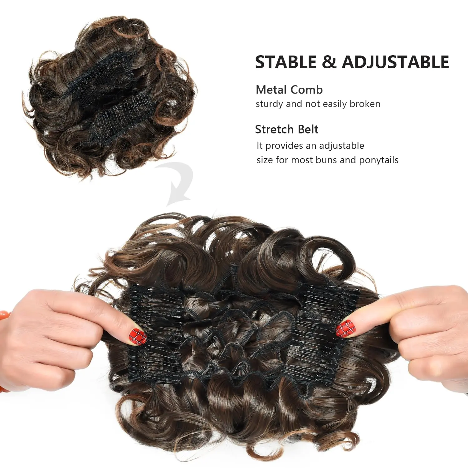 Dark brown to light auburn chignon hairpiece adds volume and elegance to an updo, featuring dual combs for secure and adjustable placement.