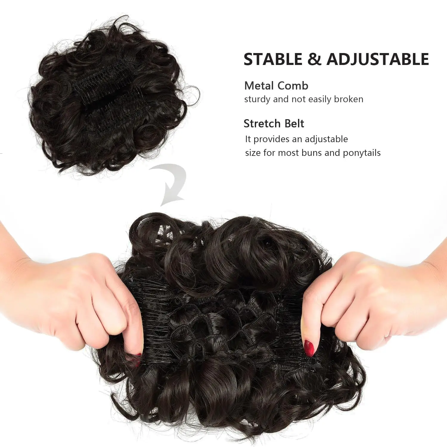 This dark brown chignon hairpiece adds an elegant updo with its curly bun extension, secured with combs for a natural, stable fit.