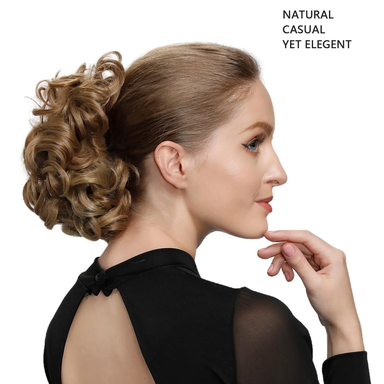 This dark brown chignon hairpiece adds an elegant updo with its curly bun extension, secured with combs for a natural, stable fit.