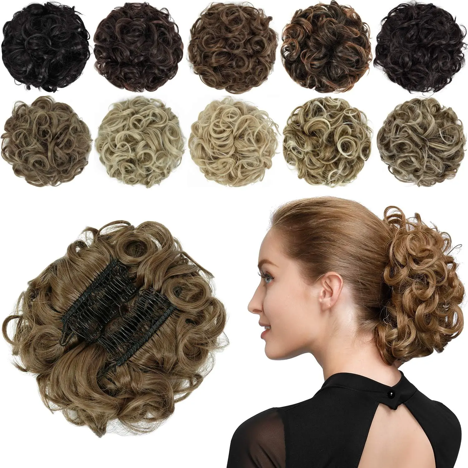 Dark brown to light auburn chignon hairpiece adds volume and elegance to an updo, featuring dual combs for secure and adjustable placement.