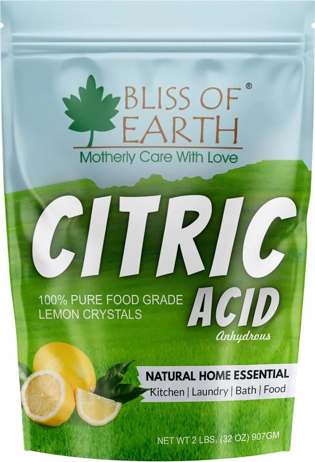 A resealable 907g pouch of Bliss of Earth citric acid powder, a versatile food grade ingredient ideal for cooking, cleaning, skincare, and preserving.