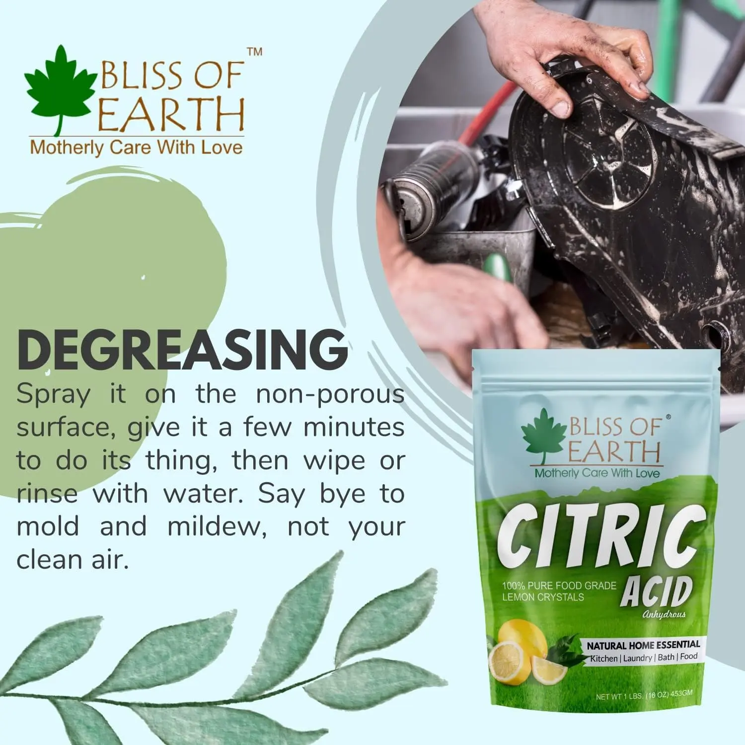 A resealable 907g pouch of Bliss of Earth citric acid powder, a versatile food grade ingredient ideal for cooking, cleaning, skincare, and preserving.