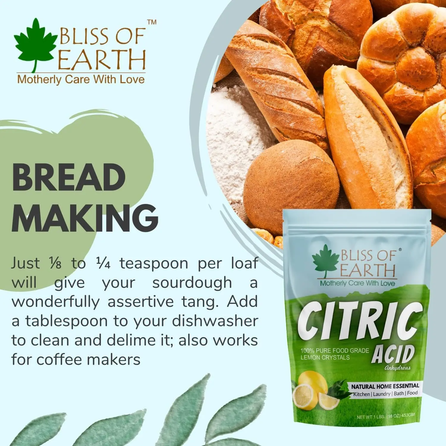 A resealable 907g pouch of Bliss of Earth citric acid powder, a versatile food grade ingredient ideal for cooking, cleaning, skincare, and preserving.