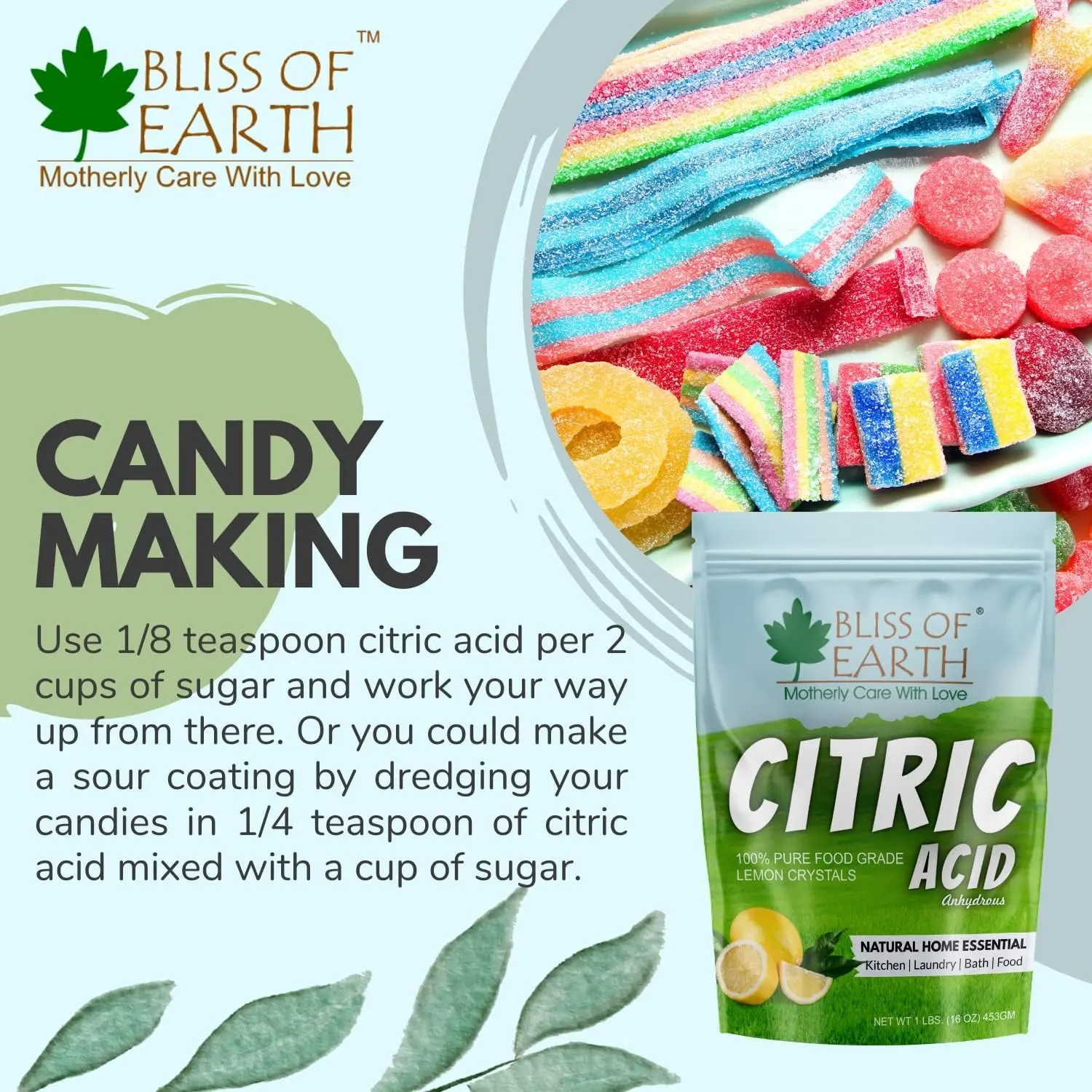 A resealable 907g pouch of Bliss of Earth citric acid powder, a versatile food grade ingredient ideal for cooking, cleaning, skincare, and preserving.