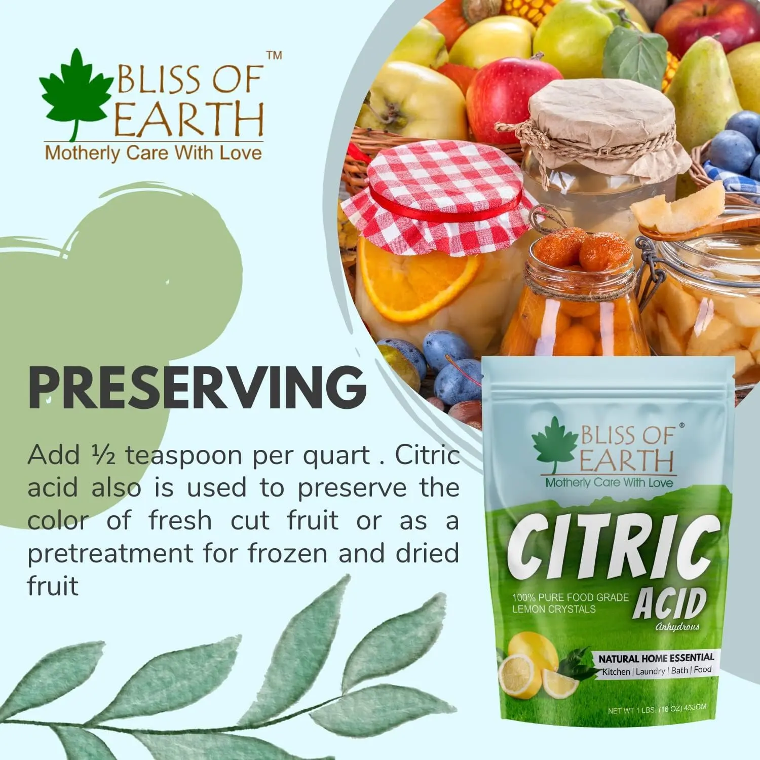 A resealable 907g pouch of Bliss of Earth citric acid powder, a versatile food grade ingredient ideal for cooking, cleaning, skincare, and preserving.