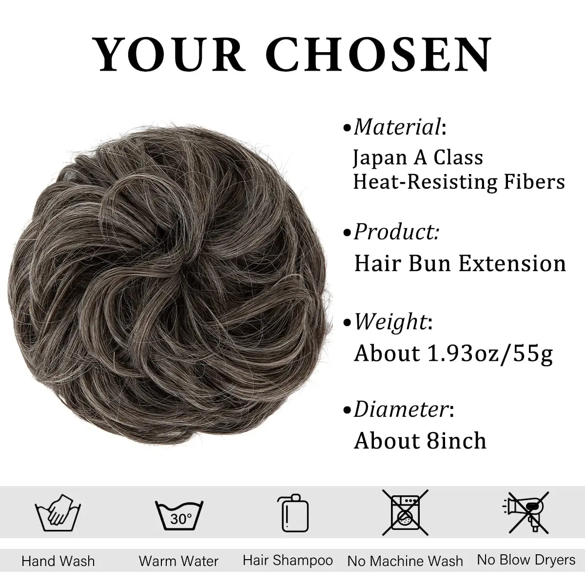 A steel grey wavy synthetic hair scrunchie by CJL HAIR, designed as an easy messy bun hair piece for adding volume and creating a quick updo.
