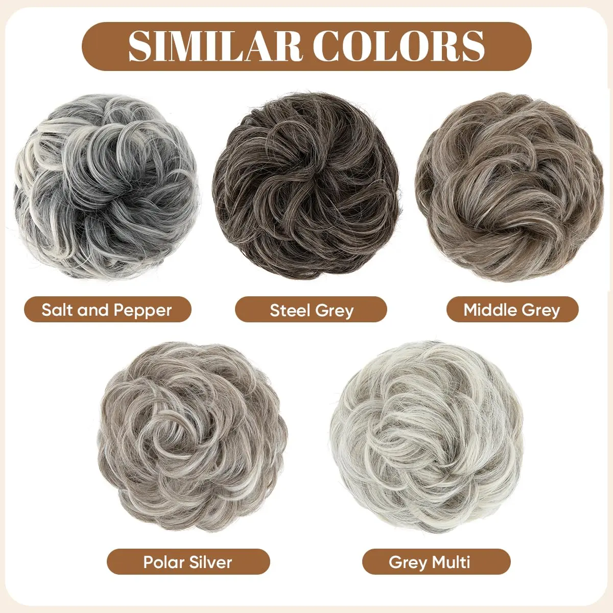 A steel grey wavy synthetic hair scrunchie by CJL HAIR, designed as an easy messy bun hair piece for adding volume and creating a quick updo.