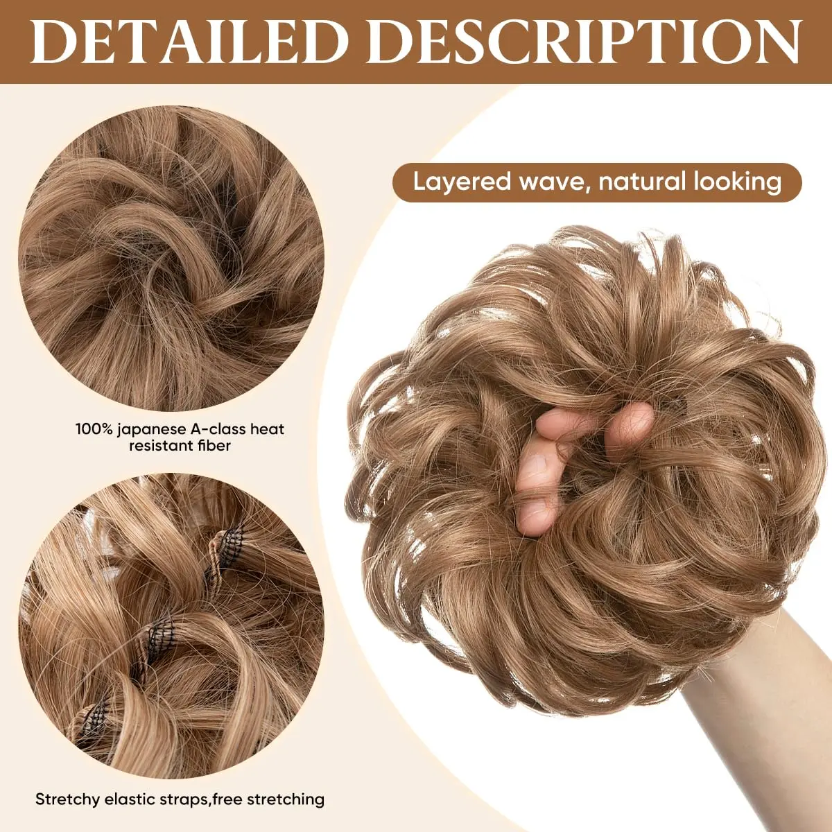 A steel grey wavy synthetic hair scrunchie by CJL HAIR, designed as an easy messy bun hair piece for adding volume and creating a quick updo.
