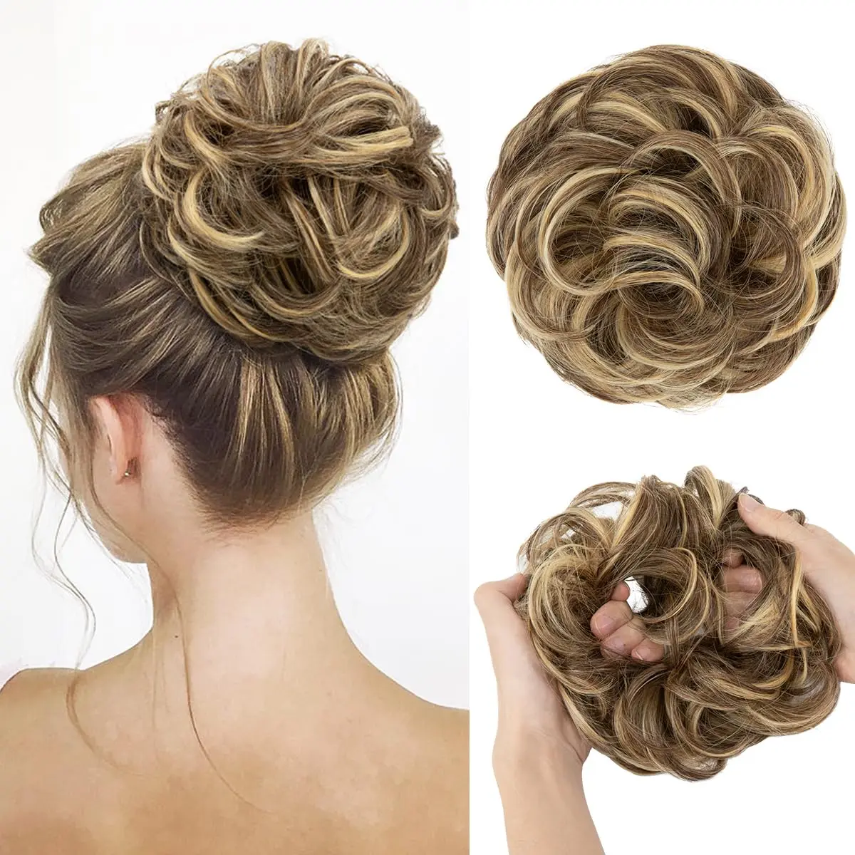 A steel grey wavy synthetic hair scrunchie by CJL HAIR, designed as an easy messy bun hair piece for adding volume and creating a quick updo.