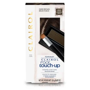 Clairol Root Touch-Up Dark Brown concealing powder with application brush for covering gray hairs.