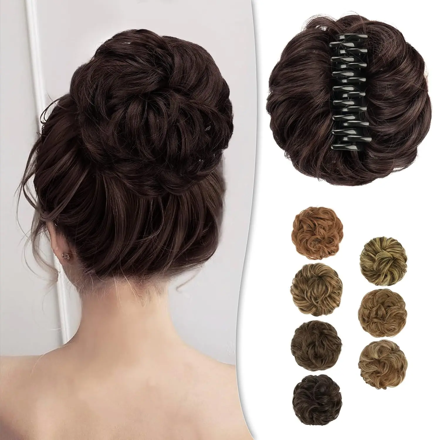 BARSDAR claw clip messy bun hairpiece gives you a quick and easy updo with its curly synthetic hair extensions, adding volume and style in seconds.