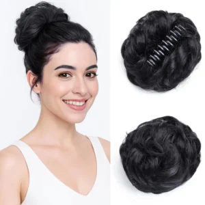 Two black claw clip messy bun hair pieces securely hold hair in place, creating a natural-looking updo for women.