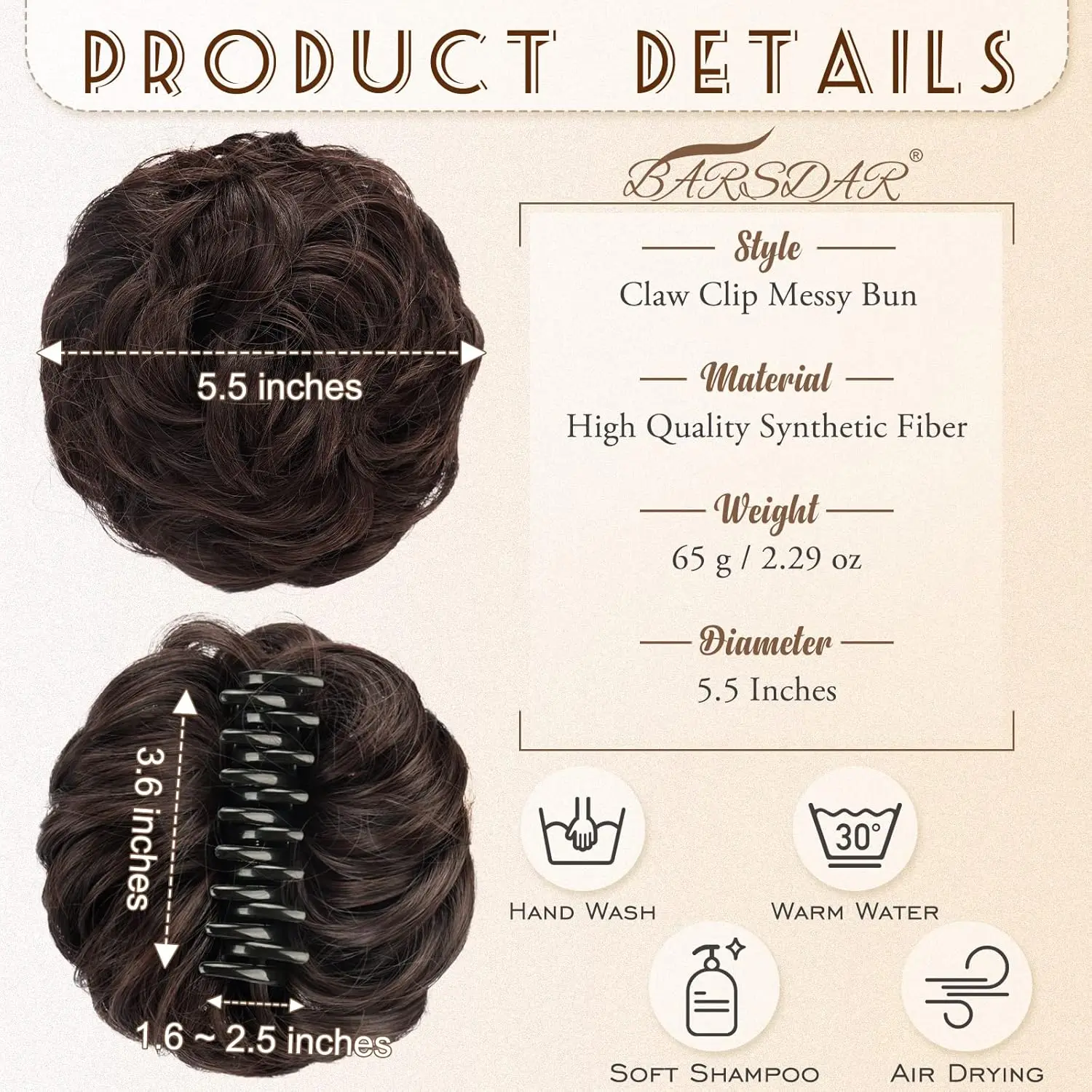 BARSDAR claw clip messy bun hairpiece gives you a quick and easy updo with its curly synthetic hair extensions, adding volume and style in seconds.