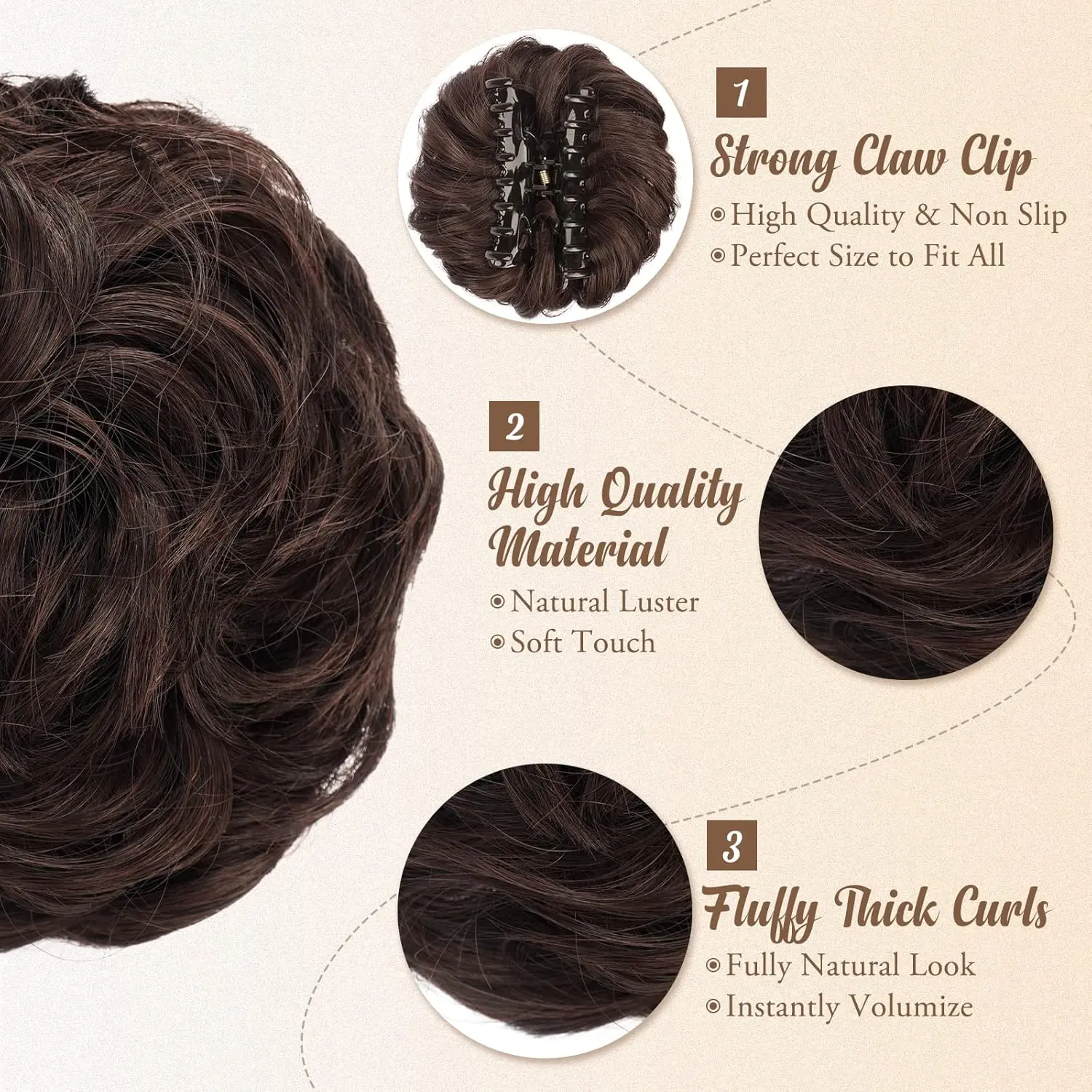 BARSDAR claw clip messy bun hairpiece gives you a quick and easy updo with its curly synthetic hair extensions, adding volume and style in seconds.