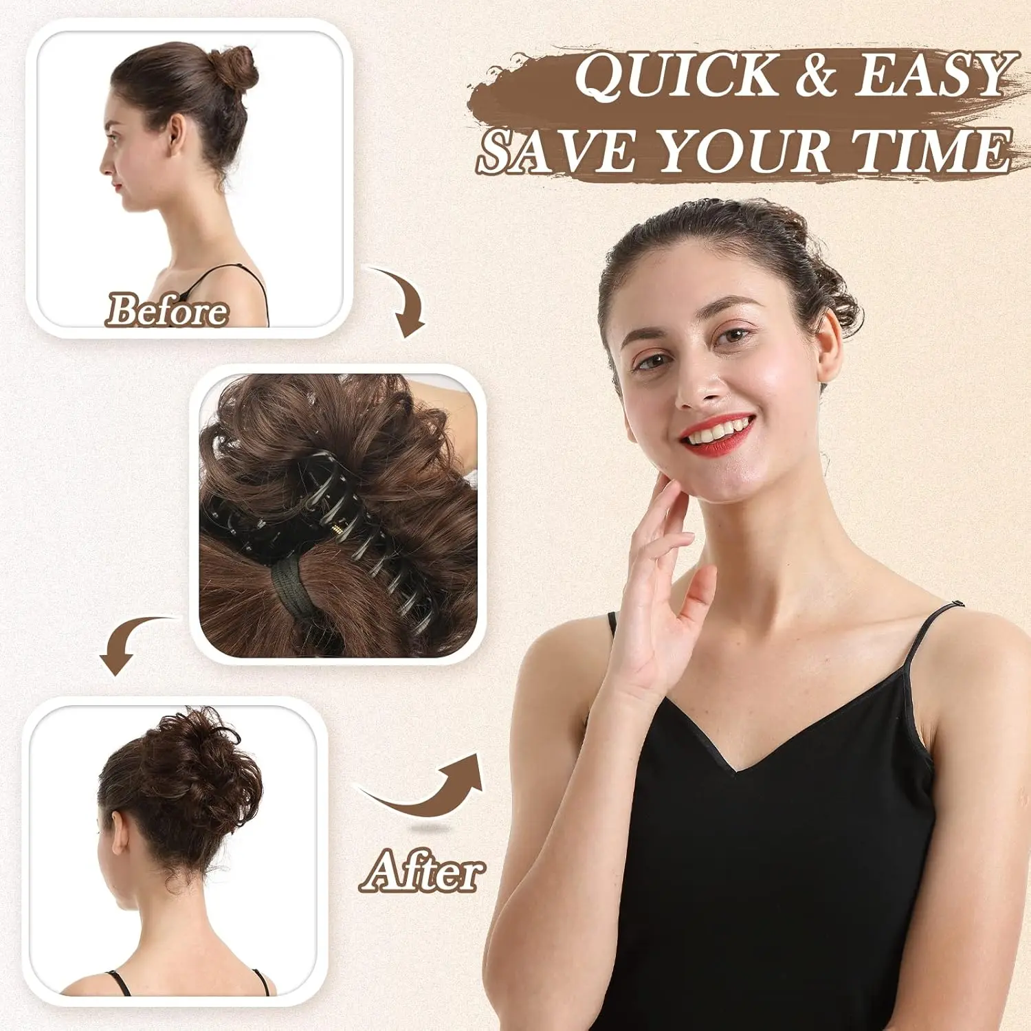 BARSDAR claw clip messy bun hairpiece gives you a quick and easy updo with its curly synthetic hair extensions, adding volume and style in seconds.