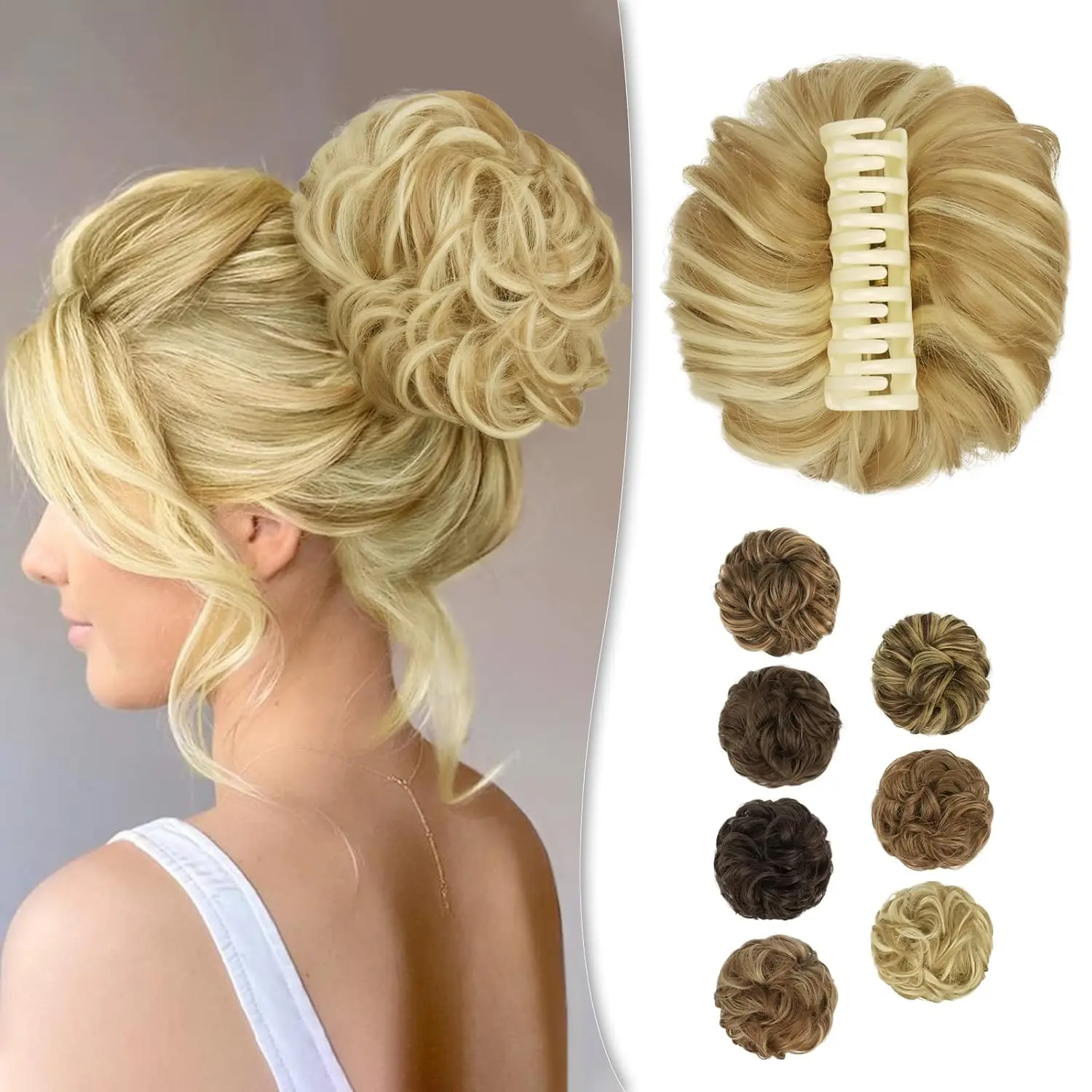 BARSDAR claw clip messy bun hairpiece gives you a quick and easy updo with its curly synthetic hair extensions, adding volume and style in seconds.