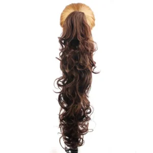 This 31 inch long, curly, dark brown and auburn synthetic ponytail extension attaches with a claw clip for easy, voluminous hair.