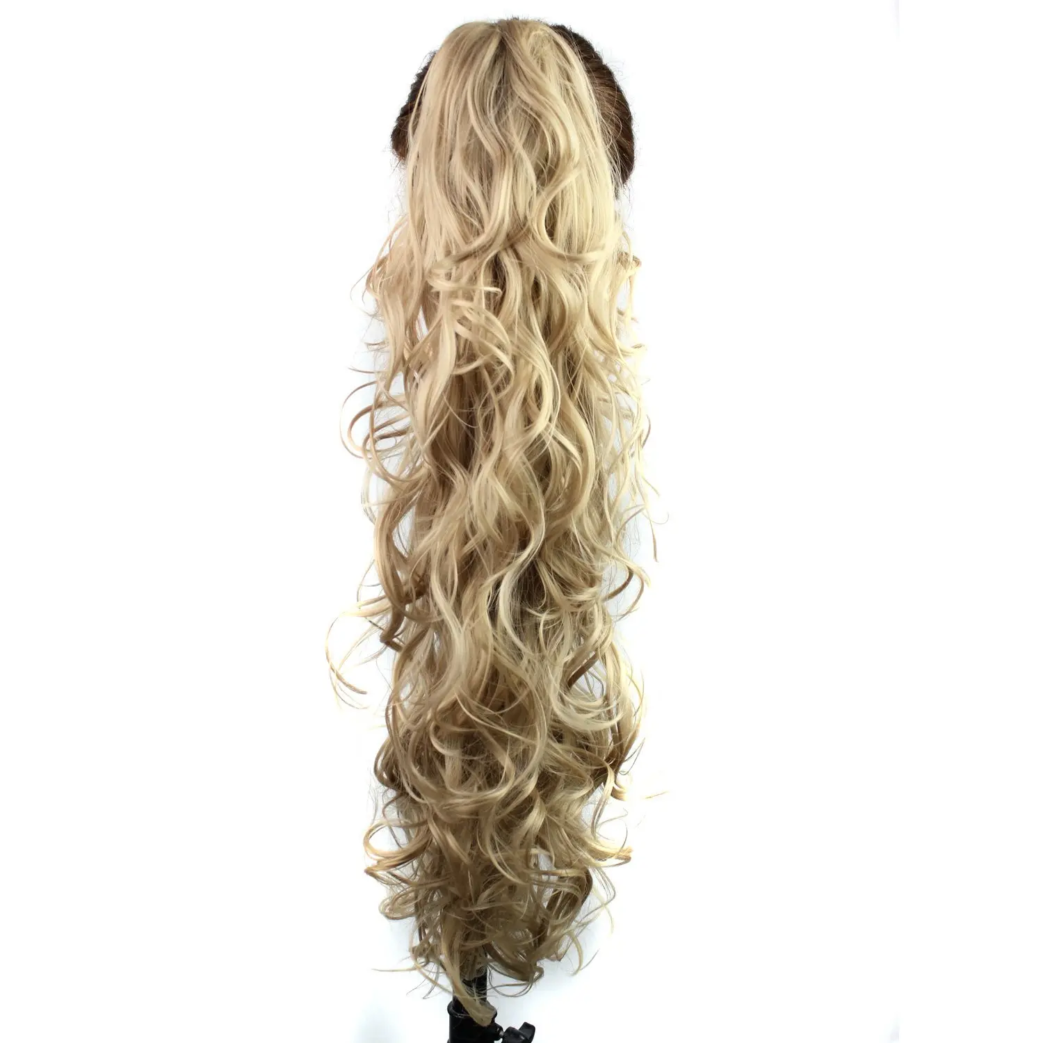 This 31 inch long, curly, dark brown and auburn synthetic ponytail extension attaches with a claw clip for easy, voluminous hair.