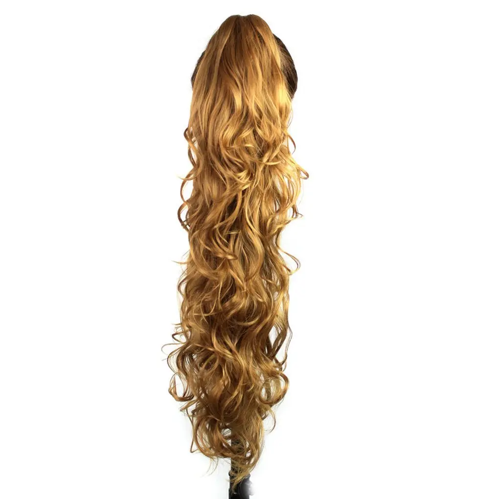 This 31 inch long, curly, dark brown and auburn synthetic ponytail extension attaches with a claw clip for easy, voluminous hair.