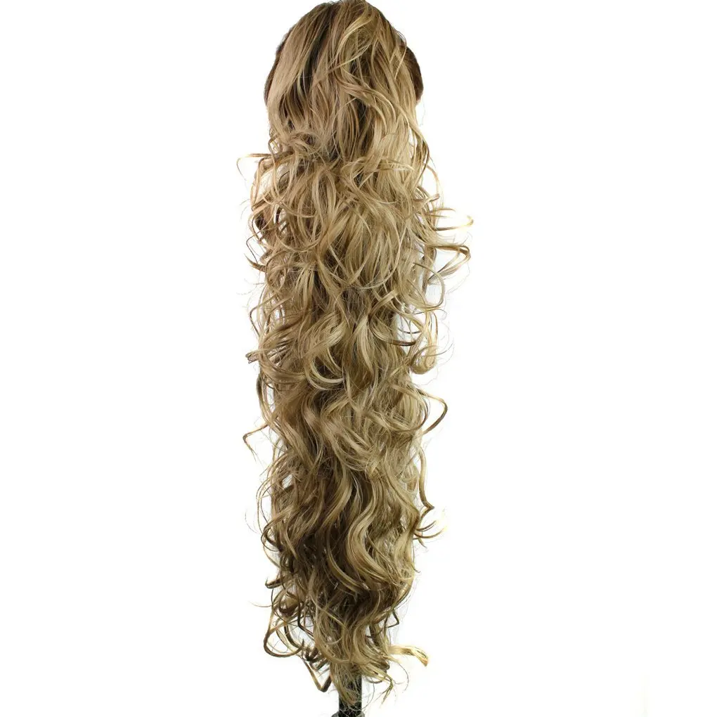 This 31 inch long, curly, dark brown and auburn synthetic ponytail extension attaches with a claw clip for easy, voluminous hair.