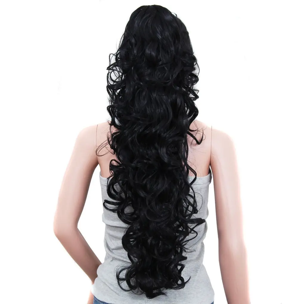 This 31 inch long, curly, dark brown and auburn synthetic ponytail extension attaches with a claw clip for easy, voluminous hair.