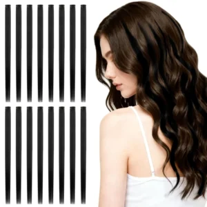 This 16 piece black clip in hair extension set provides 55cm of heat resistant synthetic hair for creating unique hairstyles for parties, cosplay, or daily wear.